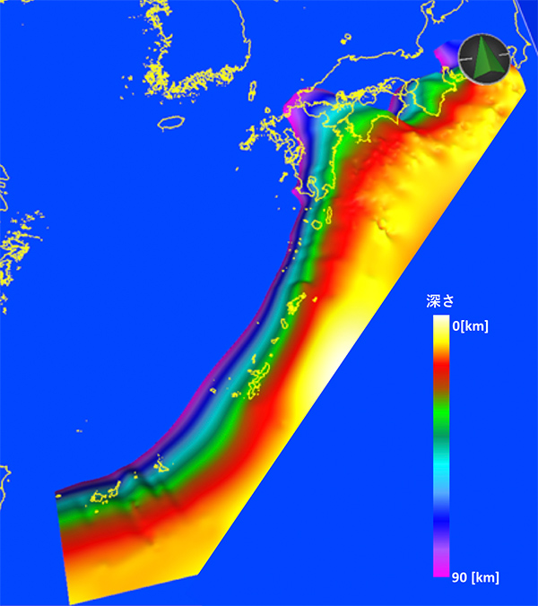 図2　本プロジェクトで構築した南海トラフ〜南西諸島海溝域までのプレート形状モデル。