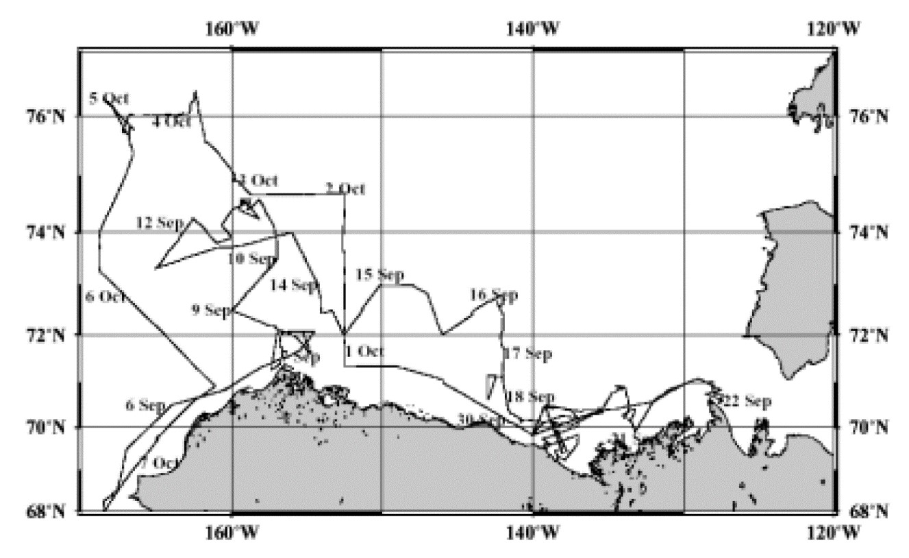 Figure 7. Detailed map of cruise track in the Alaskan and Canadian coast of the Arctic Ocean during R/V 2002 Mirai Arctic cruise (after MR02-K05 cruise report)