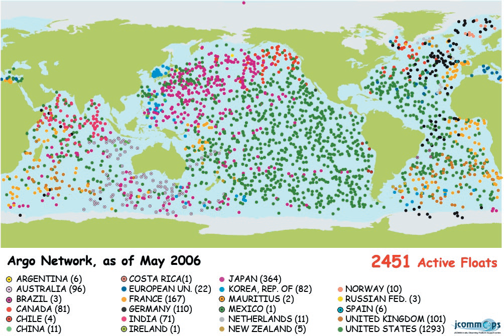 Figure 5.  Map of Argo observation network in May 2006 (xii).  Note that POPS data was the world’s first Argo data sent from the Arctic Ocean.