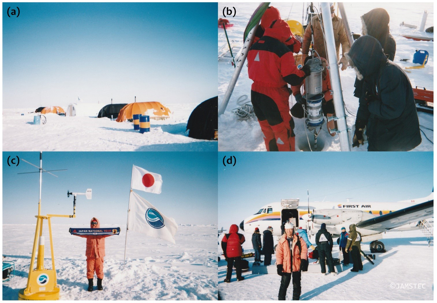 Figure 7. (a) Barneo 2002, (b) Installation of ADCP and Watson compass of J-CAD 4 with US scientists.  (c) Memorial photo after completion of the J-CAD 4 deployment. Note that the year 2002 was the year that the Japan-Korea World Cup was held.  (d) Picture before departure from the ice camp.
