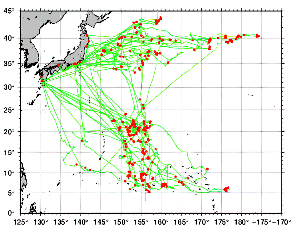 Trajectory and estimated fishing position of Japanese commercial vessels for
Skipjack Tuna