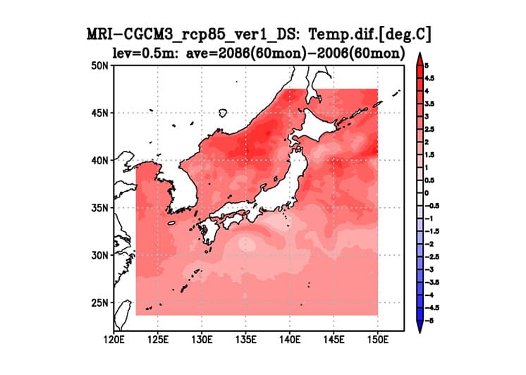 FORPによる⽇本近海における海⾯⽔温の現在気候からの変化の事例（2066年と2006年の差）