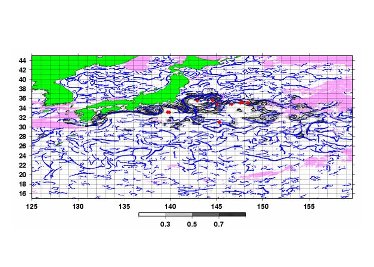 ⽇本近海における海⾯⽔温フロント（⻘線）、カツオ漁場分布推定（⽩⿊濃
											淡）、実際のカツオ漁場（⾚）の事例