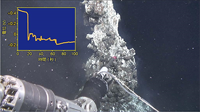 深海熱水噴出孔のチムニーの電気ポテンシャルを測定している様子