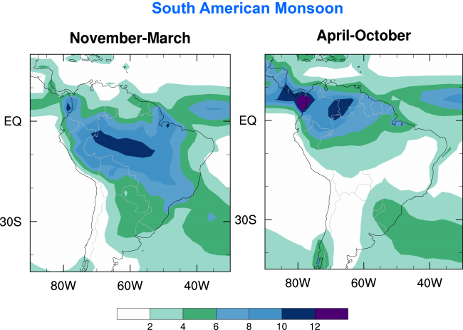 Figure 1.   Climatological (long-term average) rainfall (units: mm/day) over South America for the periods November-March (left panel) and April-October (right panel). Data are from the Global Precipitation Climatology Project (GPCP), a blend of satellite and rain-gauge data.