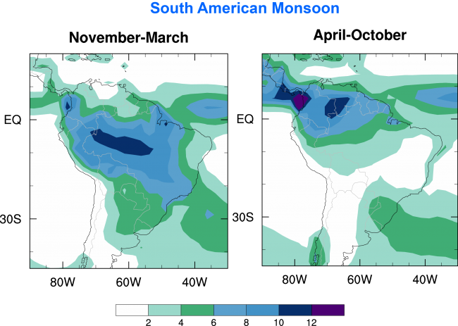 Figure 1. Climatological (long-term average) rainfall (units: mm/day) over South America for the periods November-March (left panel) and April-October (right panel). Data are from the Global Precipitation Climatology Project (GPCP), a blend of satellite and rain-gauge data.