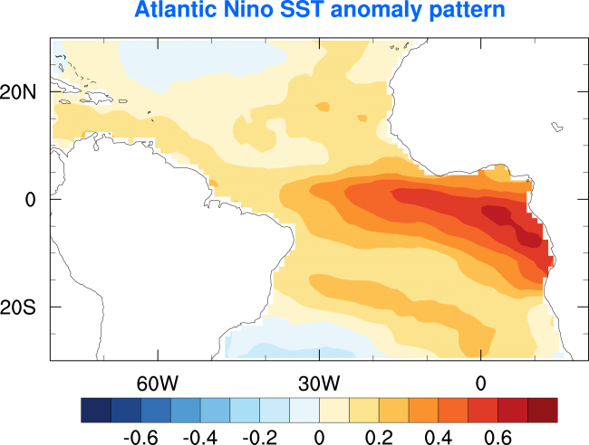 Figure 4.   SST anomaly pattern (units: degrees Celsius) of the Atlantic Niño (positive phase of the Atlantic zonal mode). Warmer than normal SSTs are exist in a zonal band along the equator and are most pronounced in the east. Data are from EOF analysis of OISST.
