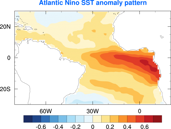 Figure 4. SST anomaly pattern (units: degrees Celsius) of the Atlantic Niño (positive phase of the Atlantic zonal mode). Warmer than normal SSTs are exist in a zonal band along the equator and are most pronounced in the east. Data are from EOF analysis of OISST.