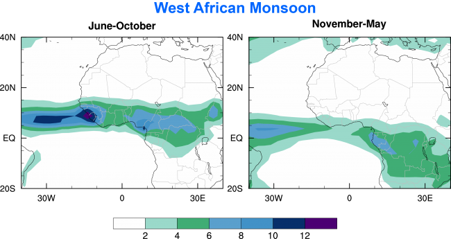 Figure 5.   Climatological rainfall (units: mm/day) over Africa for the periods June-October (left panel) and November-May (right panel). Data are from GPCP.
