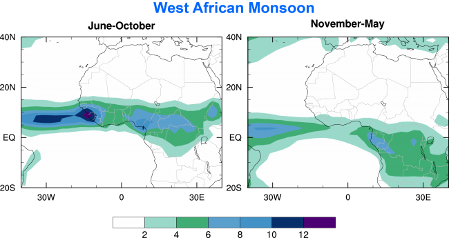 Figure 5. Climatological rainfall (units: mm/day) over Africa for the periods June-October (left panel) and November-May (right panel). Data are from GPCP.