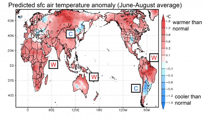 Figure 1.   Predicted surface air temperature anomaly (in °C; average June-August). The prediction was initiated on May 1.
