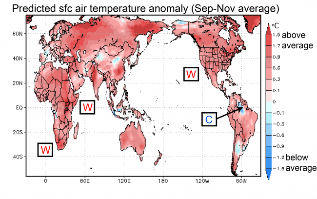 Figure 1.   Predicted surface air temperature anomaly (in °C; average September-November). The prediction was initiated on August 1.