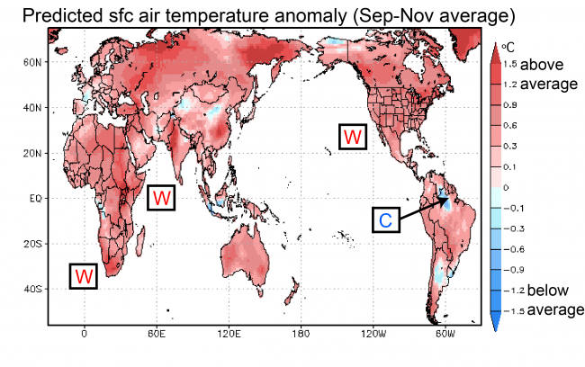 Figure 1. Predicted surface air temperature anomaly (in °C; average September-November). The prediction was initiated on August 1.