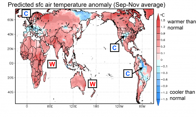 Figure 1.   Predicted surface air temperature anomaly (in °C; average September-November). The prediction was initiated on July 1.