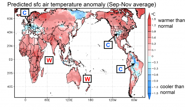 Figure 1. Predicted surface air temperature anomaly (in °C; average September-November). The prediction was initiated on July 1.