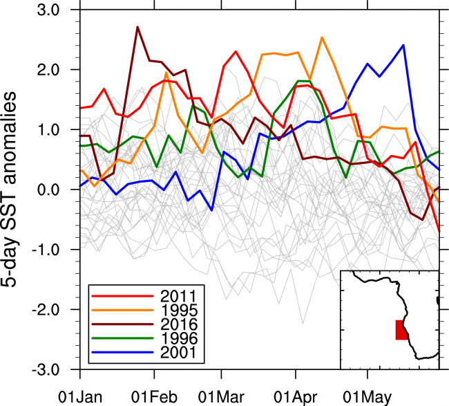Figure 6.   SST anomalies along the coast of southwest Africa (averaged over the area shown in the lower right). The original daily mean data has been averaged to 5-day means. The colored lines correspond to the 5 warmest years in the region (based on the January-May average), the thin grey lines to the remaining years. In late January 2016 the region experienced its warmest temperatures on record.