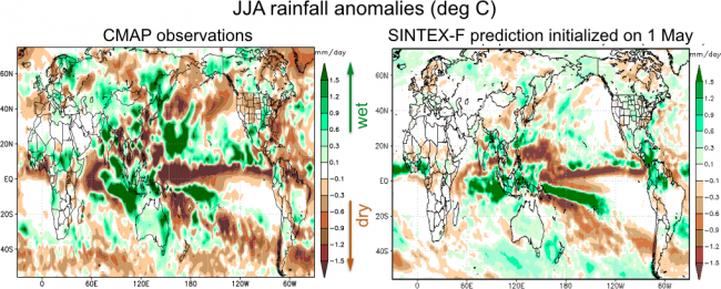 Figure 5.   Rainfall anomalies for the period June through August from CMAP observations (left) and the SINTEX-F prediction initialized on 1 May. Brown shading means drier than average, green shading means wetter than average. 