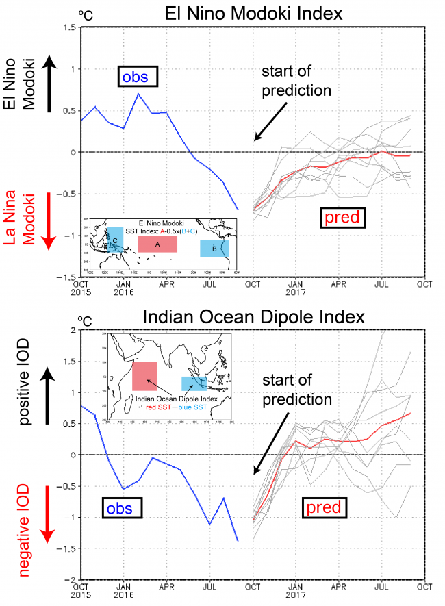 Figure 4.   Time evolution of the El Nino Modoki and Indian Ocean Dipole indices (in °C). The blue lines show the observations. The predictions (initiated on October 1) are shown for individual ensemble members with perturbed initial conditions (grey lines) and their average (red lines).