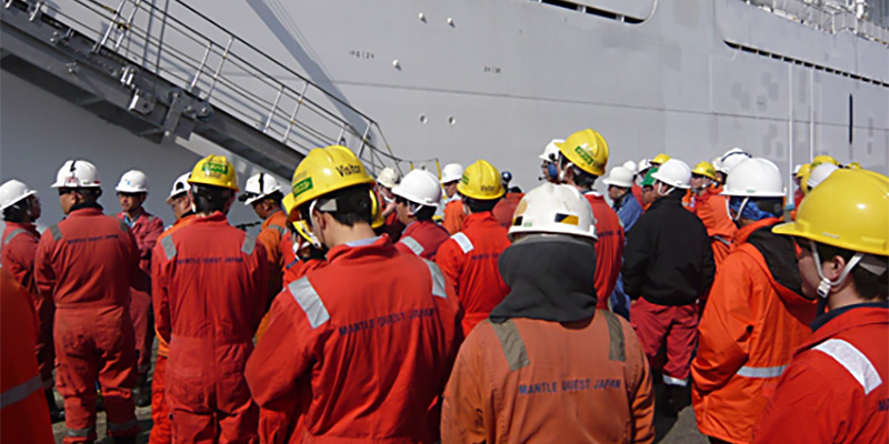 The shipboard evacuation drill is performed once a week.