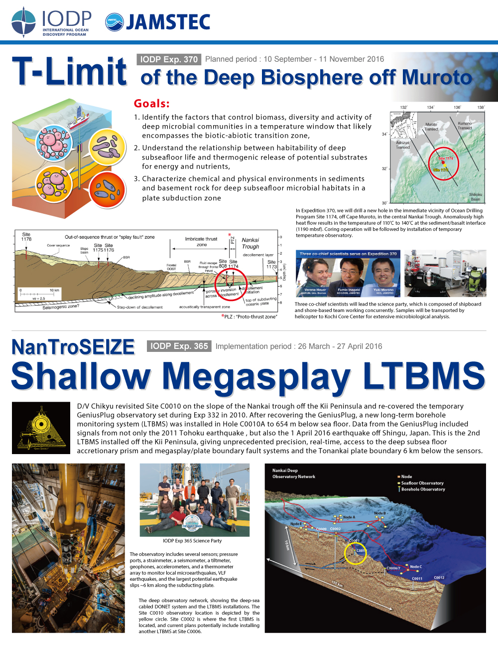 IODP Exp.370 T-Limit of the Deep Biosphere off Muroto / IODP Exp.365 NanTroSEIZE Shallow Megasplay LTBMS
