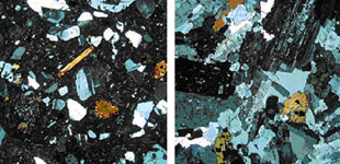 火山岩（左）と深成岩（右）の代表的な組織を示す偏光顕微鏡写真
