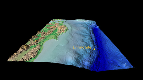 3D image of sea floor topography and subsea floor structure at the drill site