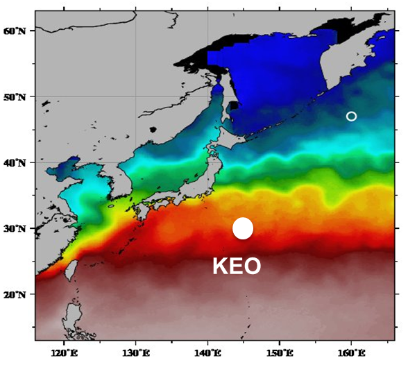 Fig.1. Time-series station KEO superimposed on annual mean of sea surface temperature.