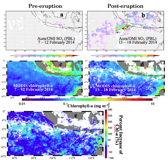 Fig. 1. Pre- (a, c) and post-eruption (b, d) MODIS/Aqua Chl-a and OMI/Aura vertical column SO<sub>2</sub>. (c) Percent increase of Chl-a.