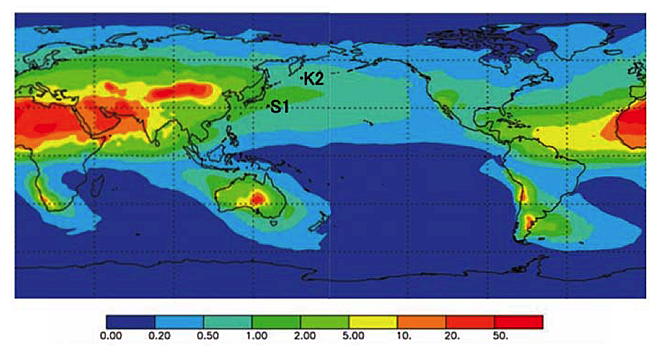 Figure 3. Annual aeolian dust input(gm–2yr–1) (modified from Jickells et al., 2005)