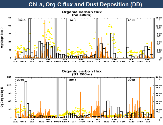 Fig. 5 Temporal variability in Organic carbon flux (bar graphs) at K2-500 m (upper) and at S1-200 m (lower) , and computed eolian dust deposition (orange line) . Yellow circles are chl-a.