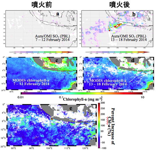 図 1. 噴火前(a, c) 、噴火後(b, d) のMODIS/Aqua Chl-a と OMI/Aura 鉛直積算SO2量 (e) 噴火後のChl-a増加率 