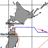 赤の◆が、2012年6月5日21:00時点の「みらい」の位置。（赤い線が予定航路、青い線が実際の航路）