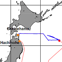 赤の◆が、2012年6月6日21:00時点の「みらい」の位置。（赤い線が予定航路、青い線が実際の航路）