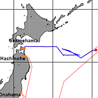 赤の◆が、2012年6月7日20:00時点の「みらい」の位置。（赤い線が予定航路、青い線が実際の航路）