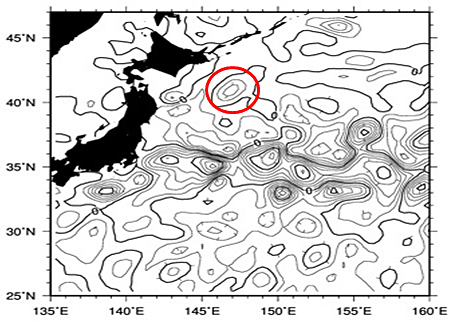 図1：2012年5月31日におけるAVISO海面高度偏差図です。日本周辺にはたくさんの渦が存在することがわかります。MR12-02におけるINBOXのターゲットは赤丸の暖水渦です。