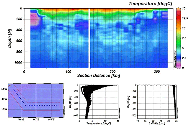 図3：XCTD31点観測による1000mまでの水温断面図です。観測は渦周辺部で行われましたが、中心付近では周辺と比べて高温化しており、暖水渦であることが認められます。