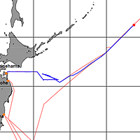 赤の◆が、2012年6月9日23:30時点の「みらい」の位置。（赤い線が予定航路、青い線が実際の航路）