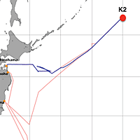 赤の●が、2012年6月10日14:30時点の「みらい」の位置。（赤い線が予定航路、青い線が実際の航路）