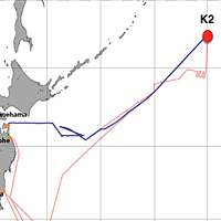 赤の●が、2012年6月11日2:10時点の「みらい」の位置。（赤い線が予定航路、青い線が実際の航路）