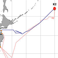赤の●が、2012年6月12日8:20時点の「みらい」の位置。（赤い線が予定航路、青い線が実際の航路）