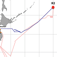 赤の●が、2012年6月14日14:05時点の「みらい」の位置。（赤い線が予定航路、青い線が実際の航路）