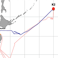 赤の●が、2012年6月15日0:30時点の「みらい」の位置。（赤い線が予定航路、青い線が実際の航路）