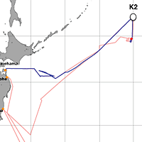 赤の●が、2012年6月16日4:40時点の「みらい」の位置。（赤い線が予定航路、青い線が実際の航路）