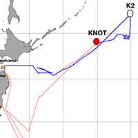 赤の●が、2012年6月17日7:50時点の「みらい」の位置。（赤い線が予定航路、青い線が実際の航路）
