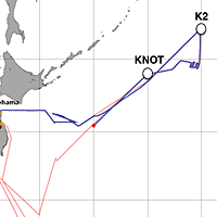 赤の◆が、2012年6月18日8:40時点の「みらい」の位置。（赤い線が予定航路、青い線が実際の航路）