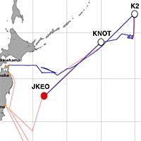 赤の●が、2012年6月19日1:40時点の「みらい」の位置。（赤い線が予定航路、青い線が実際の航路）