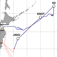 赤の◆が、2012年6月20日9:30時点の「みらい」の位置。（赤い線が予定航路、青い線が実際の航路）