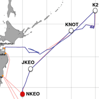 赤の●が、2012年6月21日23:50時点の「みらい」の位置。（赤い線が予定航路、青い線が実際の航路）