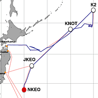 赤の●が、2012年6月22日5:40時点の「みらい」の位置。（赤い線が予定航路、青い線が実際の航路）