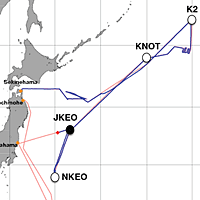 赤の◆が、2012年6月23日9:40時点の「みらい」の位置。（赤い線が予定航路、青い線が実際の航路）